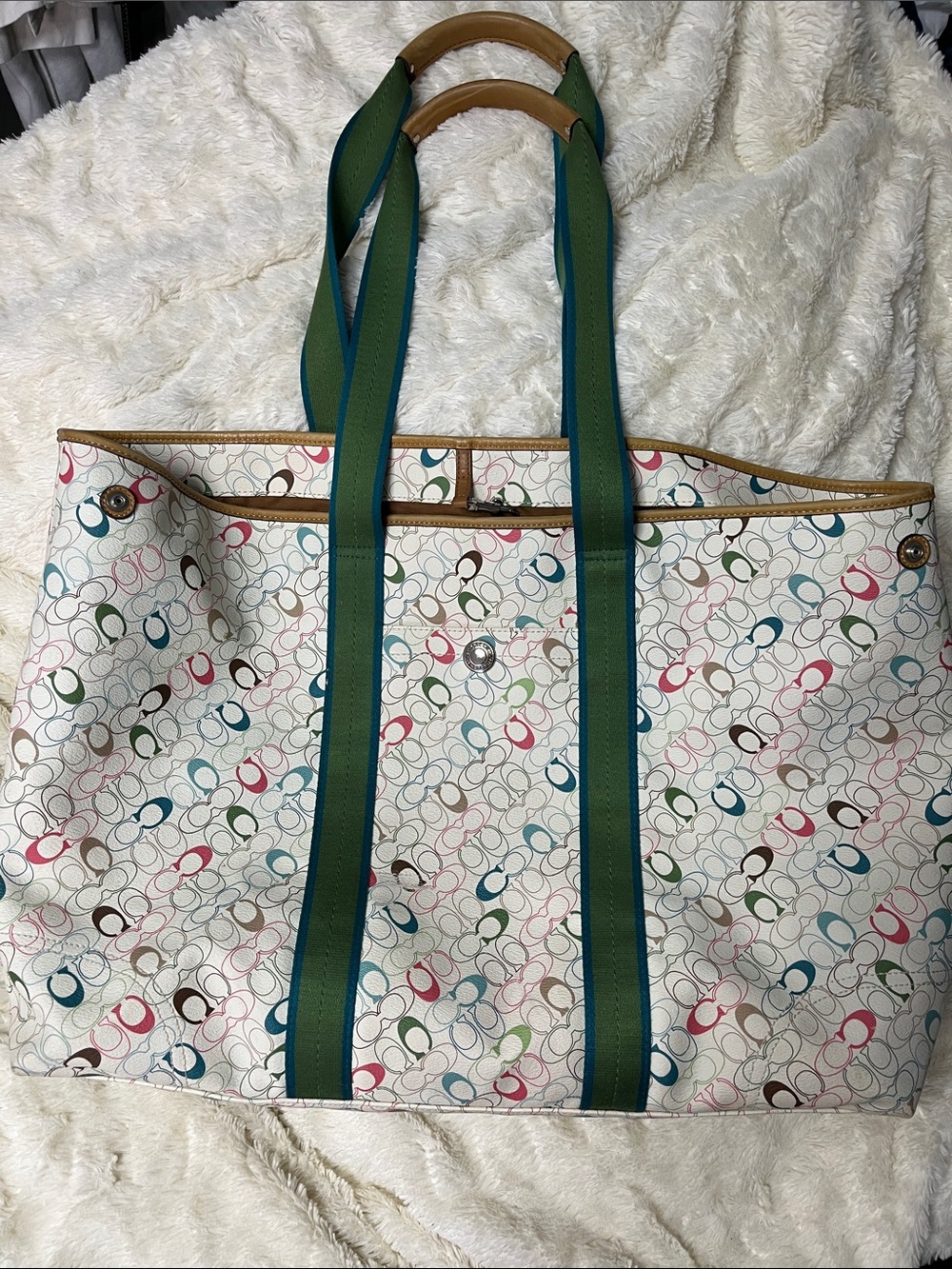 Coach Multicolor Signature Tote with Green Straps and Tan Trim